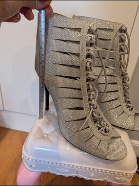 b.o.c. Silver Glitter Lace-Up Cutout Peep-Toe Stiletto Booties